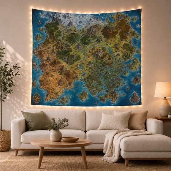 Fantasy Continent Map with Mountains, Adventurous Fantasy Style for Fantasy Art Lovers, Map Wall Decor Housewarming Gift, Tapestry Wall Hanging for Bedroom and Study Room