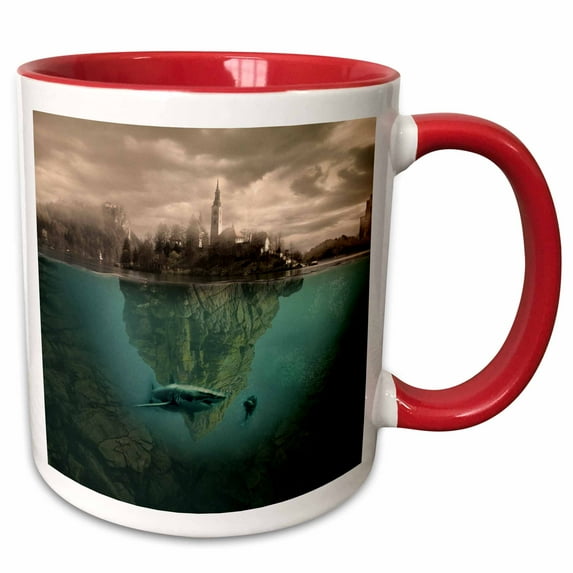 3drose, Fantasy Country with Shark Attack Dangerous Animal Funny, 11oz Two-tone Red Mug