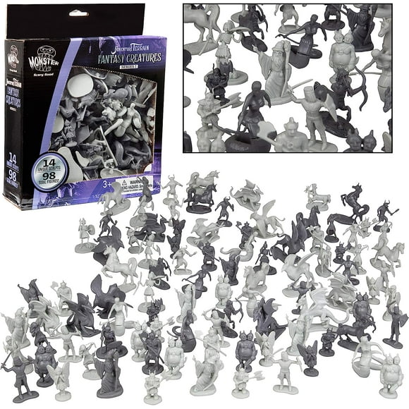 Fantasy Creature Mini Action Figure Playset-98pc Monster Toy Miniatures w 14 Unique Sculpts - Dragons, Wizards, Orcs, and More- XL 1/32nd Scale Dungeon Character Accessories
