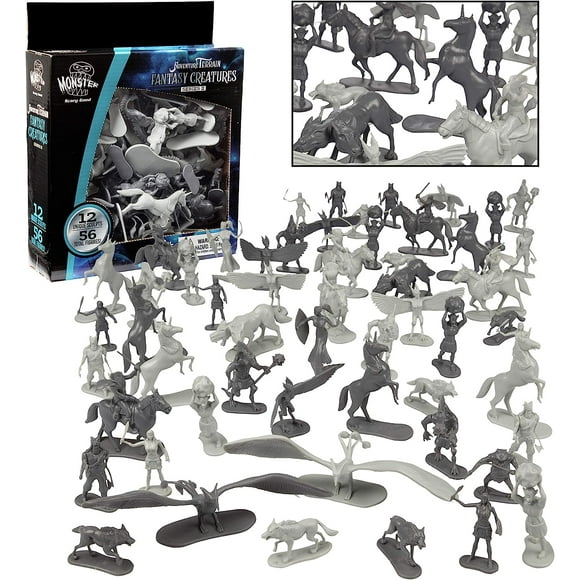 Fantasy Creatures Mini Action Figure Playset - 56pc Toy Monster Miniatures w 12 Sculpts - Large Direwolfs, Cyclops, Winged Dragon Phoenixes & More - Paintable Accessories