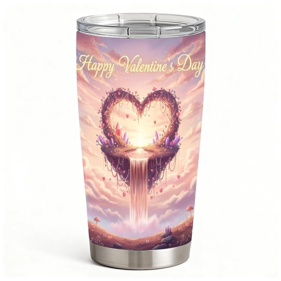 Fantasy Crystal Heart Waterfall Valentine Tumbler with Lid & Straw, Hot Cold Vacuum Insulated Coffee Mug, Gift for Girlfriend