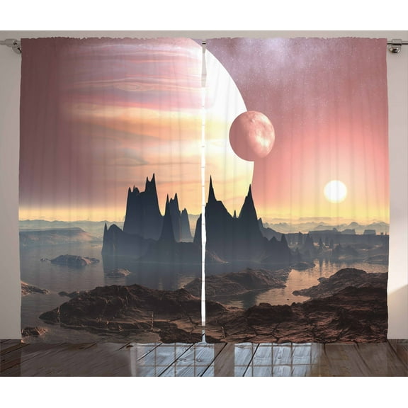 Ambesonne Fantasy Curtains 2 Panel Set, Twin Moons over Planet, 108" x 63", Blush Yellow Dark Brown