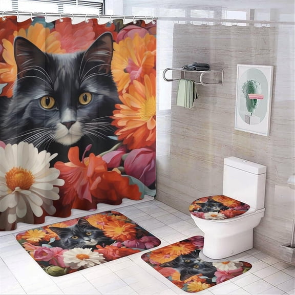 Fantasy Cute Cat Shower Curtain set 4 Piece Sets with Non-Slip Rugs,Toilet Lid Cover and Bath Mat Rustic Colorful Flowers Animal Waterproof Shower Curtain with 12 Hooks Bathroom Set Home Decor