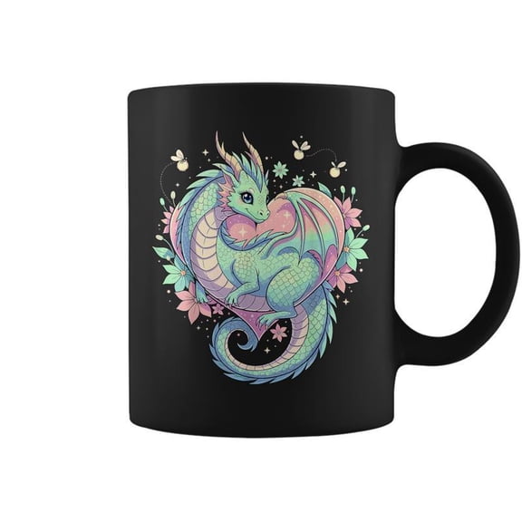 Fantasy Cute Dragon Heart Flowers Coffee Mugs