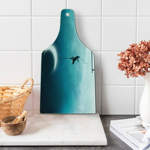 Fantasy Cutting Board, Boy Climbing to the Moon Rope and Girl on Bench Love Romance Art, Decorative Tempered Glass Cutting and Serving Board, Wine Bottle Shape, Teal and White, by Ambesonne