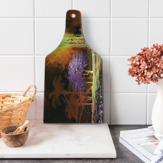 Fantasy Cutting Board, Digitally Saturated Tropical Scene in Extreme Haze Tones Exotic Abstract Art, Decorative Tempered Glass Cutting and Serving Board, Wine Bottle Shape, Multicolor, by Ambesonne