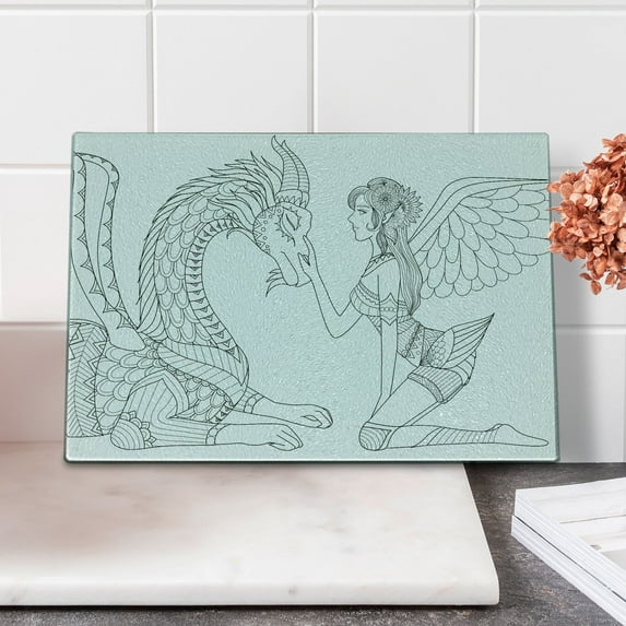 Fantasy Cutting Board, Drawing of a Caressing a Dragon Ornamental Details Flowers Wings Art, Decorative Tempered Glass Cutting and Serving Board, Small Size, Black White, by Ambesonne