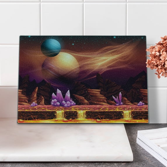 Fantasy Cutting Board, Futuristic Cosmic Galaxy Space Planets Sci Fi Style Dreamy Landscape Illustration, Decorative Tempered Glass Cutting and Serving Board, Small Size, Multicolor, by Ambesonne