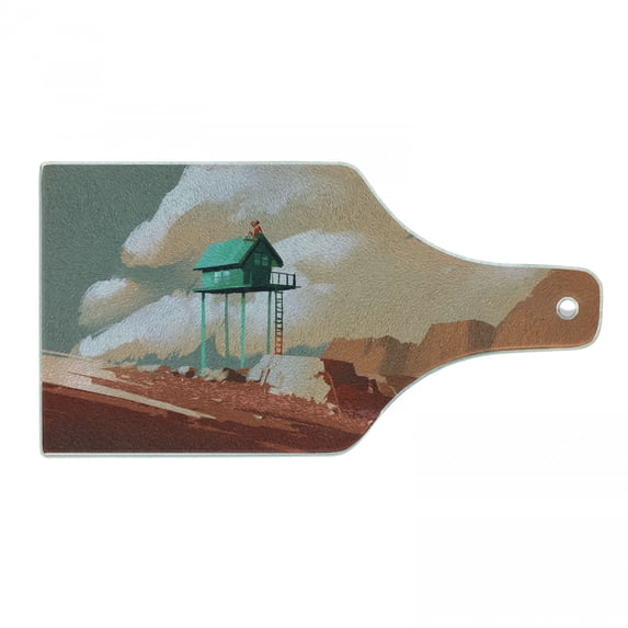 Fantasy Cutting Board, Little Wood House on Stone Hill with Robot on the Cloudy Roof Calming Art Print, Decorative Tempered Glass Cutting and Serving Board, Wine Bottle Shape, Tan Green, by Ambesonne