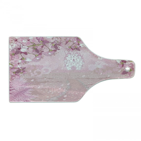 Fantasy Cutting Board, Medieval Castle Silhouette in the Middle of Flower Botany Fern Surreal Image, Decorative Tempered Glass Cutting and Serving Board, Wine Bottle Shape, Pale Pink, by Ambesonne