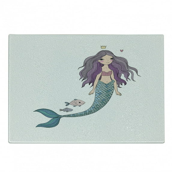 Fantasy Cutting Board, Mermaid Cartoon Wavy Hair Crown Little Pink Heart and Fish, Decorative Tempered Glass Cutting and Serving Board, Small Size, Violet Blue and Beige, by Ambesonne