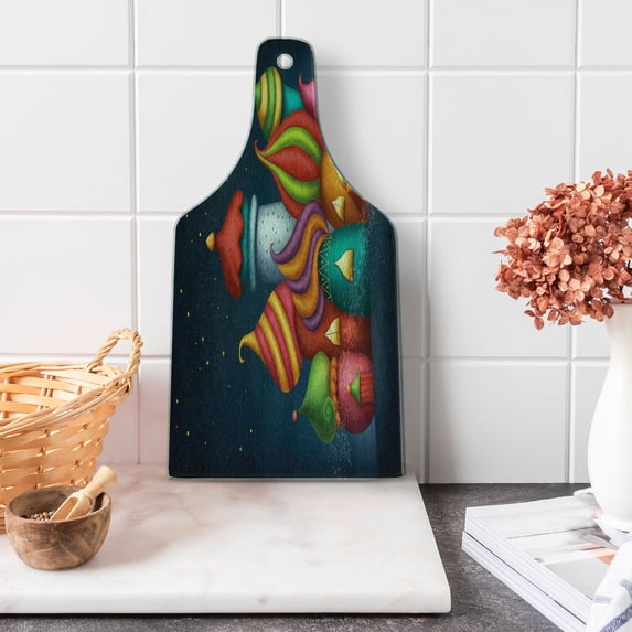 Fantasy Cutting Board, Oriental Style Castles Under Starry Sky Playroom Graphic, Decorative Tempered Glass Cutting and Serving Board, Wine Bottle Shape, Multicolor, by Ambesonne