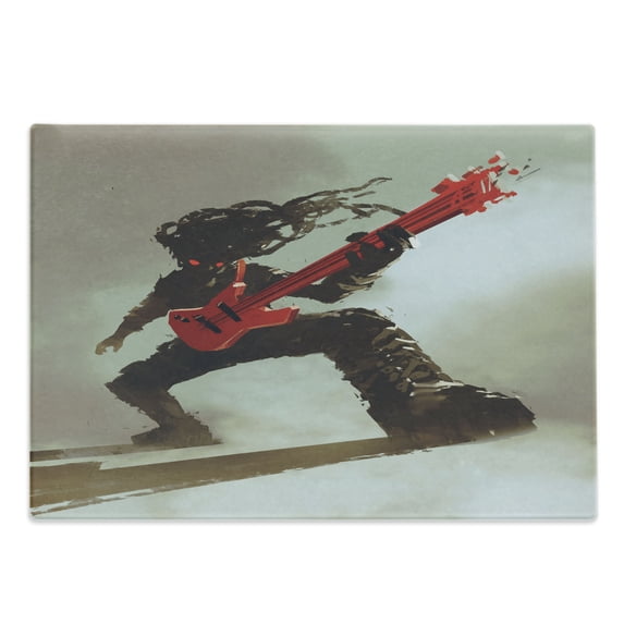 Fantasy Cutting Board, Rocker Guitarist Playing Bass Headbanging Hipster Rock Display Red Eyes Art Print, Decorative Tempered Glass Cutting and Serving Board, Large Size, Red Grey, by Ambesonne