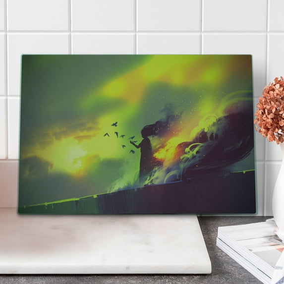 Fantasy Cutting Board, Silhouette on the Roof of a House Night Different Worlds Modern Art Illustration, Decorative Tempered Glass Cutting and Serving Board, Large Size, Yellow Green, by Ambesonne