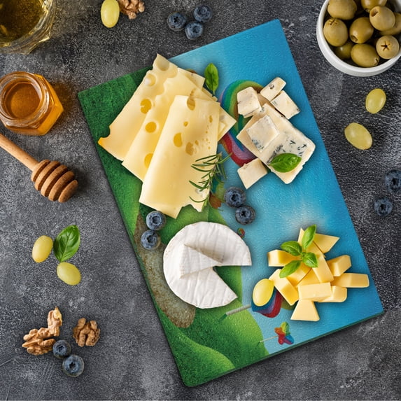Fantasy Cutting Board, Surreal Candy Land Delicious Lollipops and Sweets Sun Cheerful Fun Print, Decorative Tempered Glass Cutting and Serving Board, Small Size, Green Blue Red, by Ambesonne