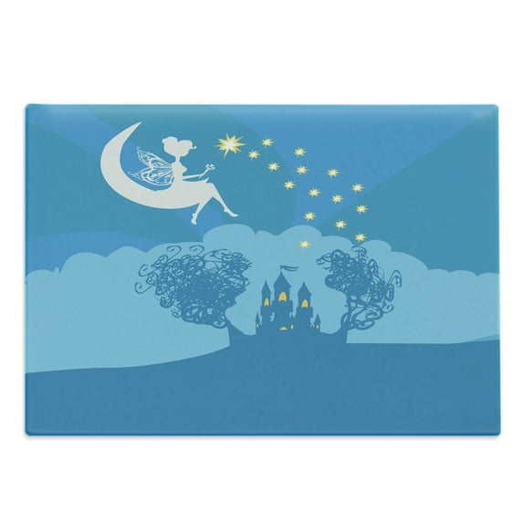 Fantasy Cutting Board, Tale Cartoon Castle with Female Pixie Sitting on Crescent Moon Dream, Decorative Tempered Glass Cutting and Serving Board, Large Size, White Blue, by Ambesonne