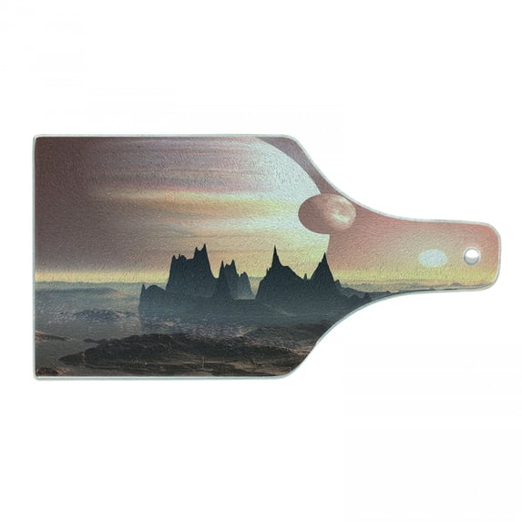 Fantasy Cutting Board, Twin Moons over Planet Europa Apocalypse Armageddon Deserted Landscape, Tempered Glass Cutting and Serving Board, Wine Bottle Shape, Blush Yellow Dark Brown, by Ambesonne