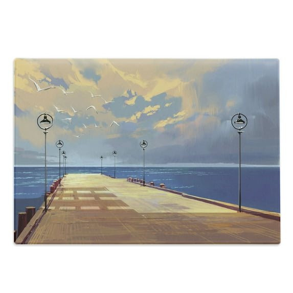Fantasy Cutting Board, Watercolored Wooden Bridge Pier to the Sea Harbor Bay Coast Cloudy Day with Gull, Decorative Tempered Glass Cutting and Serving Board, Large Size, Cream Blue, by Ambesonne