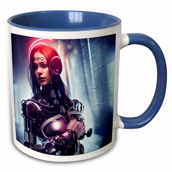 3drose, Fantasy Cyborg Cyberpunk Woman on the City Street at Night. Gift, 15oz Two-tone Blue Mug