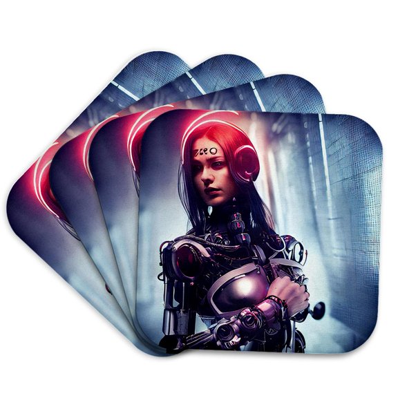 3drose, Fantasy Cyborg Cyberpunk Woman on the City Street at Night. Gift, Set of 4 Coasters - Soft