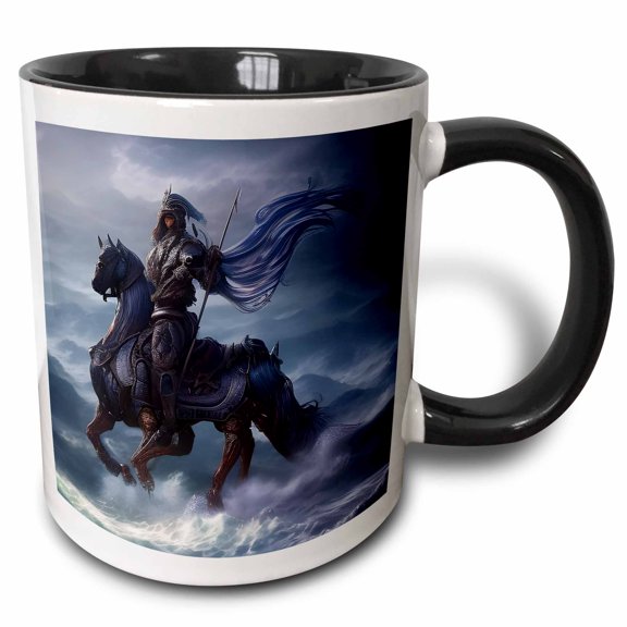 3drose, Fantasy Dark Knight in Armor on a Horse. Sea Waves, Wind Digital Art, 11oz Two-tone Black Mug