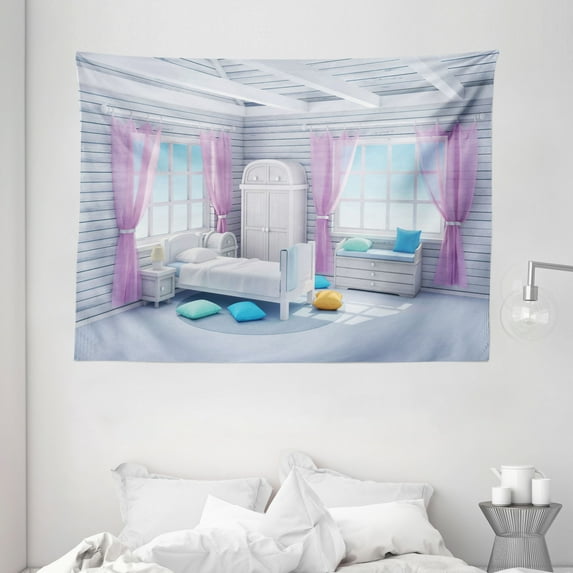 Fantasy Decor Tapestry, Dreamy Bedroom in Wooden House Countryside Mornings Lifestyle Image, Wall Hanging for Bedroom Living Room Dorm Decor, 80W X 60L Inches, Lilac Purplegrey, by Ambesonne