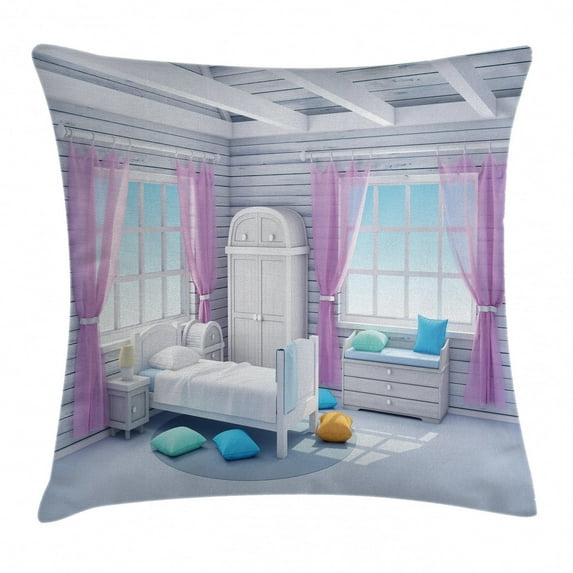 Fantasy Decor Throw Pillow Cushion Cover, Dreamy Bedroom in Wooden House Countryside Mornings Lifestyle Image, Decorative Square Accent Pillow Case, 20 X 20 Inches, Lilac Purplegrey, by Ambesonne