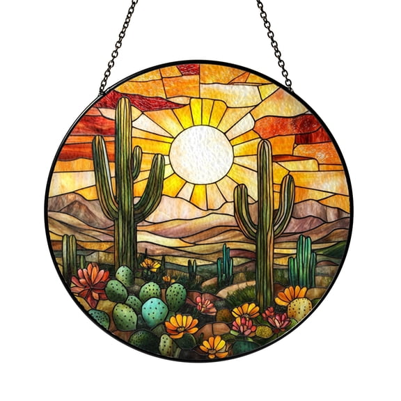 Fantasy Desert Cactus Stained Glass Window Decor – Handmade Hanging Art