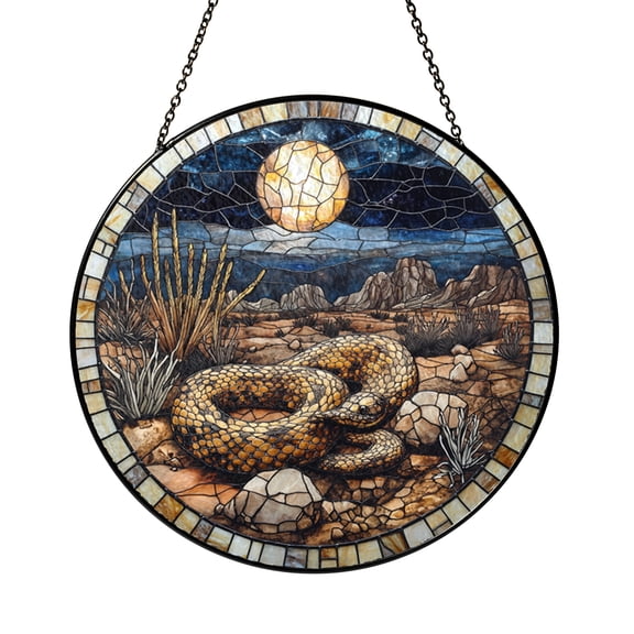 Fantasy Desert Snake Stained Glass Suncatcher, Moonlit Night Window Hanging Decor, Reptile Art Panel, Mountain and Cactus Landscape Decorative Piece, Unique Gift for Animal Lovers