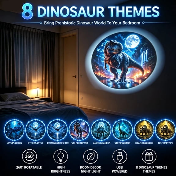Fantasy Dinosaur Projector Light, USB Powered Moonlight Jurassic Galaxy Ambient Night Light, Suitable for Bedroom Decor