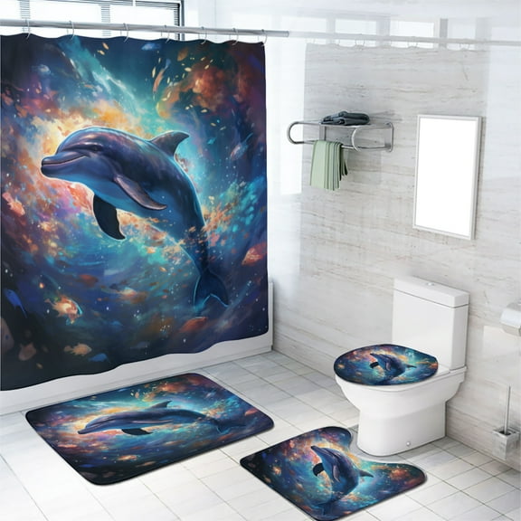 Fantasy Dolphins Shower Curtain Sets with Rugs 4 Piece Ocean Animals Starry Sky with Non-Slip Rugs Toilet Lid Cover and Bath Mat Bathroom Decor Set, 72x72 Inch