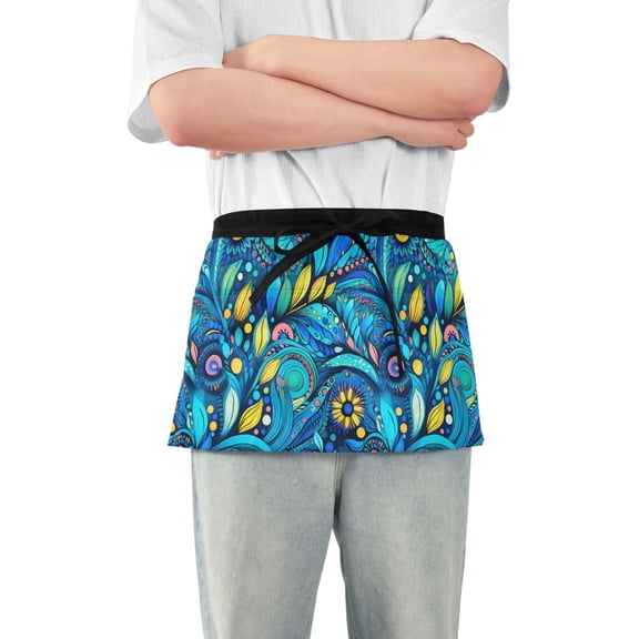 Fantasy Doodle Art Leaf Server Apron with 3 Pockets Waterproof Waitress Waist Short Apron for Man Woman 12 Inches
