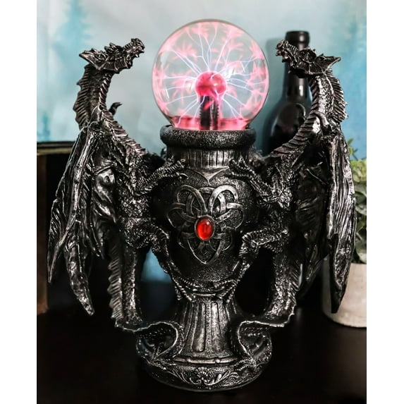 Fantasy Double Dragons Protecting Oracle AC Flashing Electric Ball Figurine