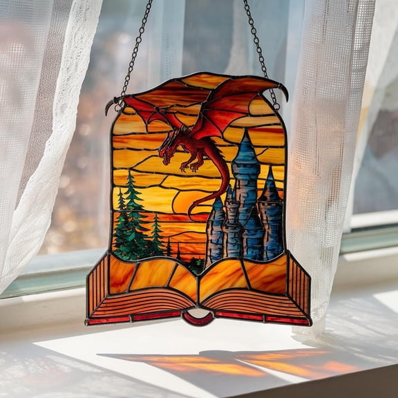 Fantasy Dragon Acrylic Suncatcher Window Hanging for Book Lovers, Dragon Library Wall Hanging, Bookish Home Decor