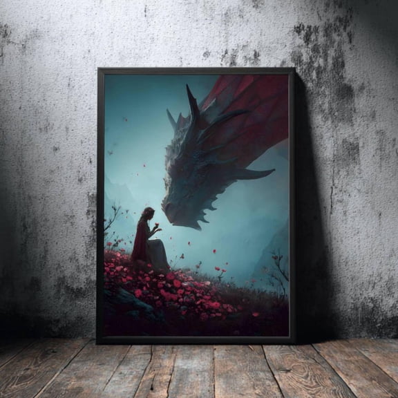 Fantasy Dragon And Girl Fairytale Wall Art, Unframed Paper Print Size 8x12