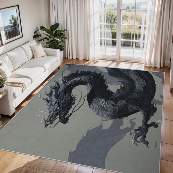 Fantasy Dragon Area Rug Black Mythical Creature Carpet Washable Non Slip Soft Living Room Bedroom Entrance Mat 2x3ft