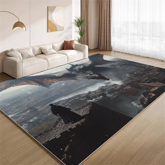 Fantasy Dragon Area Rugs, City Destroyer Monster Pattern Carpet, Washable Non Slip Low Pile Soft Rug for Living Room Bedroom Decor Mat 4ftx6ft