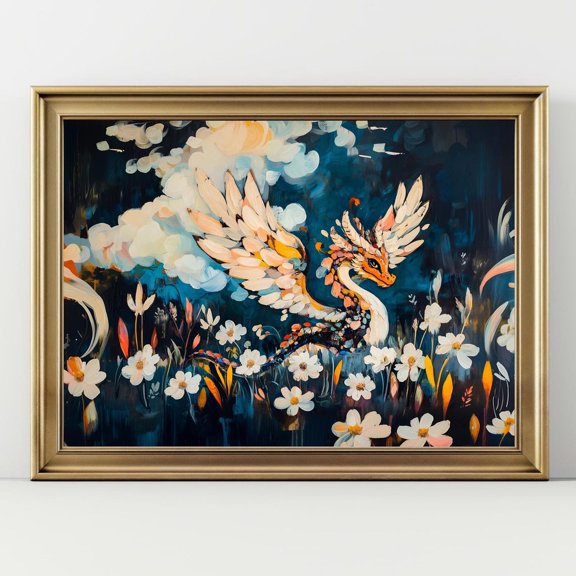 Fantasy Dragon Art Majestic Winged Serpent Mythical Creature Enchanted Floral Art, UNFRAMED Size 16x16