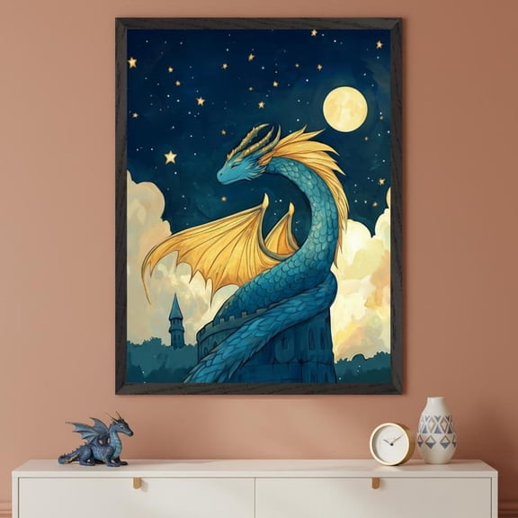Fantasy Dragon Blue Gold Celestial Night Sky Mythical Wall Decor Unframed Paper Print