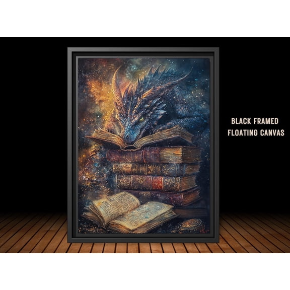 Fantasy Dragon Book Poster, Mystical Creature Library Wall Art Decor, Reading Lover Gothic Serpent Illustration, Dark Academia Bookish, Unframed Poster Size 8x12