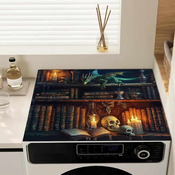 Fantasy Dragon Bookshelf Washing Machine Top Cover, Gothic Skull Library Washer Dryer Mat, Anti-Slip Laundry Room Decor Protector Pad