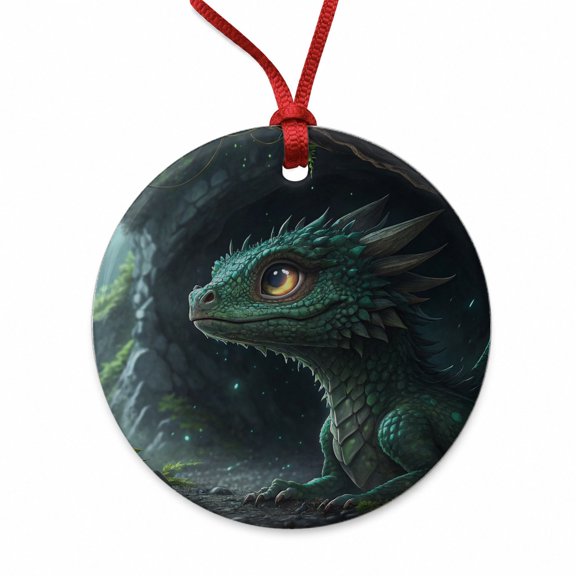 Fantasy Dragon Cave Scene Christmas Tree Holiday Round Ceramic Ornament