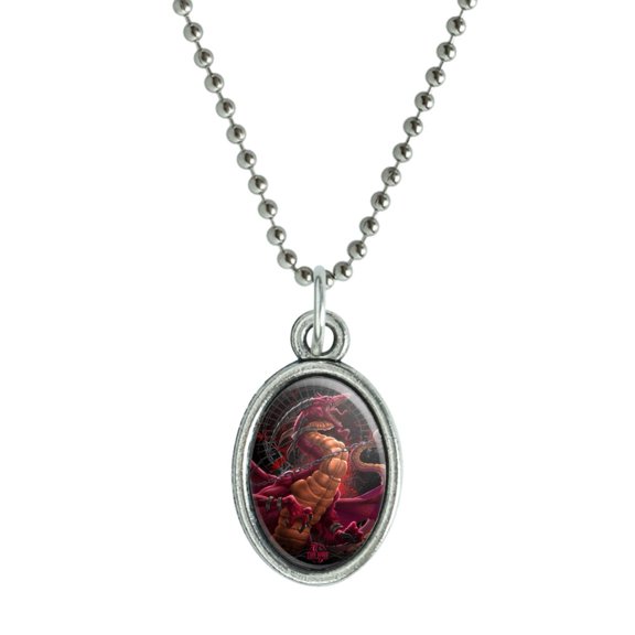 Fantasy Dragon Chained Unleashed Antiqued Oval Charm Pendant with Chain