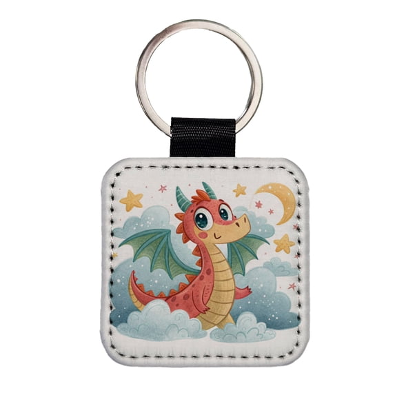 Fantasy Dragon Children's Illustration Style Faux Leather Square Keychain