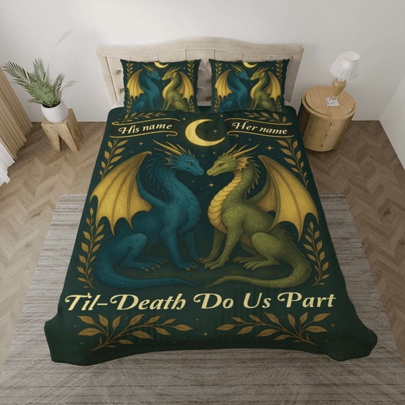 Fantasy Dragon Couple Personalized Bedding Set – Custom Romantic Gothic Bedroom Decor – ’Til Death Do Us Part