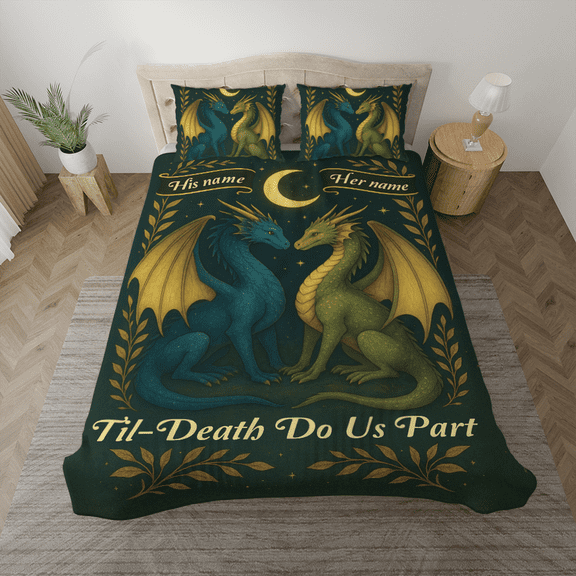 Fantasy Dragon Couple Personalized Bedding Set – Custom Romantic Gothic Bedroom Decor – ’Til Death Do Us Part
