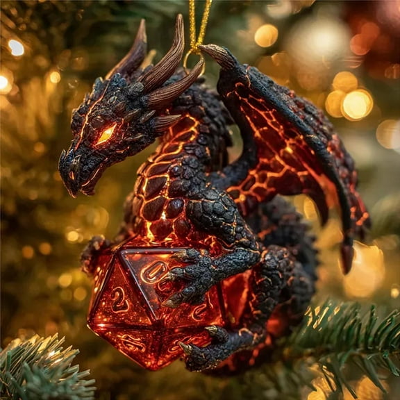 Fantasy Dragon & Dice Acrylic 2D Christmas Ornament, Unique D&D Tabletop Gaming Holiday Decor, Laser-Cut Shatterproof Tree Pendant for Gamer Gifts and Festive Decor