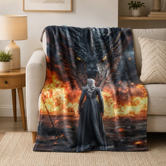 Fantasy Dragon Fire Scene Fleece Throw Blanket, Soft 280 Gsm Polyester, Fantasy Decor for Couch, Sofa & Bed