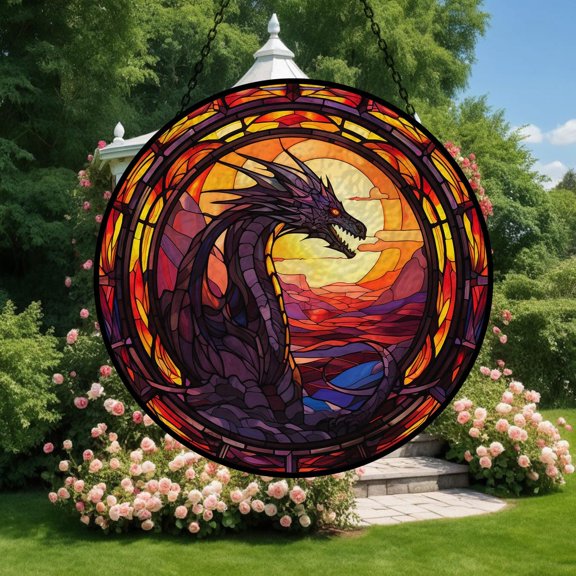 Fantasy Dragon Glass Suncatcher v4, Mountain Sunset Window Art, Epic Mythology, 7.9 in
