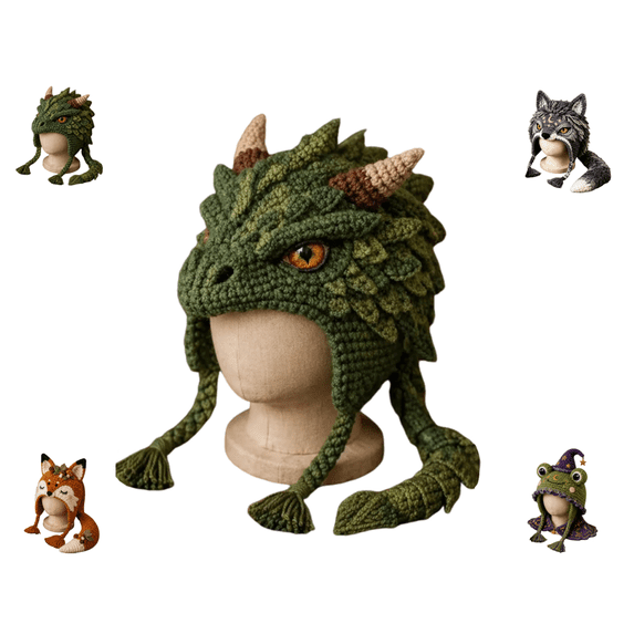 Fantasy Dragon Hood Hat DIY Crochet Kit Series, 4 Styles Dragon Fox Frog Wolf Animal Crochet Supplies, Cute Winter Hat Making Kit for Halloween Party